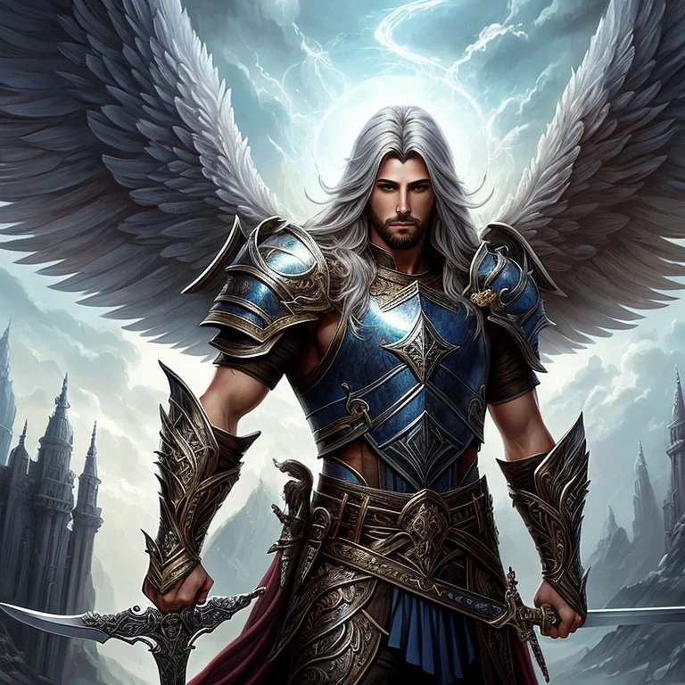 cabelos castanho claros, Hairy male with sword and wings in front of an overcast sky, Arcanjo michael, Arcanjo, saint michael the angel, epic fantasy digital art style, artegerm. alto detalhe, angel in plastic armor, retrato masculino de fantasia, angelic, fantasia arte behance, arte digital detalhada de fantasia 2D, por Yang J, paladino sagrado, epic fantasy art style hd, oil painting