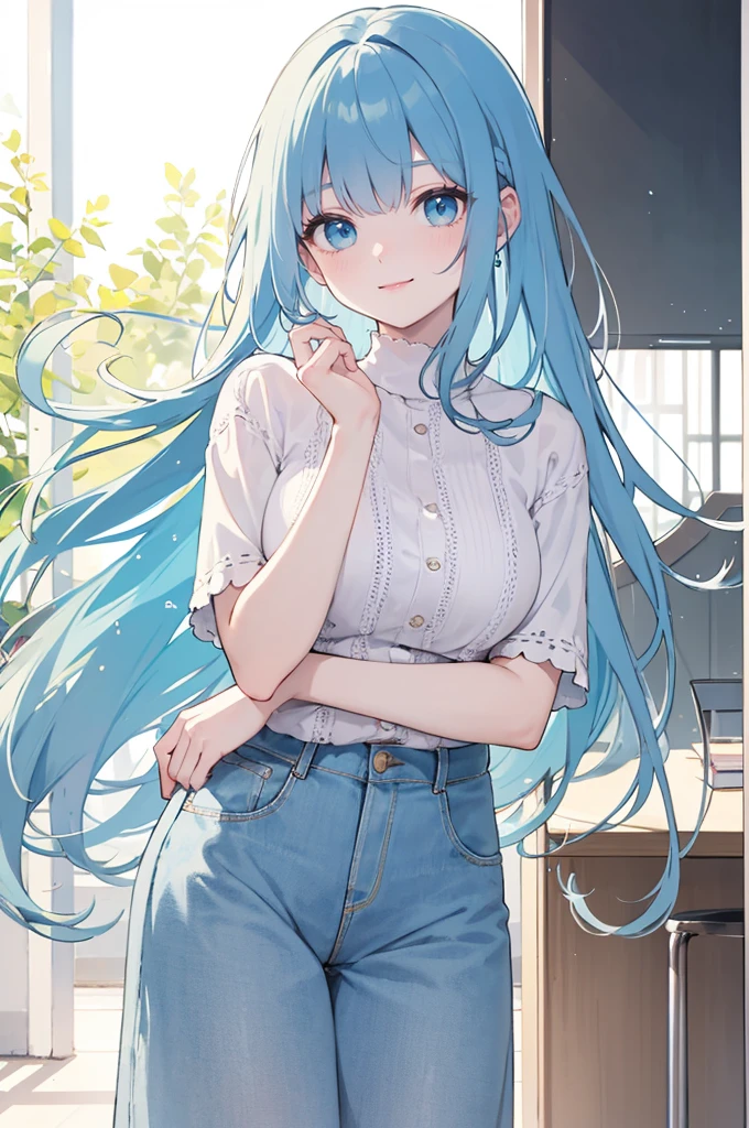 (masterpiece), (best quality), (ultra detailed),(dishevelled hair),(illustration), long hair (straight hair) very straight hair, standing, Fashion model (modern yellow outfit), looking at viewer, (interview), (casual background),beautiful blue eyes, delicate beautiful face, ,(high saturation),(colorful splashes),(shining), blue hair (shining), bangs, best lighting, best shadow. smiling. medium breast. neat hairstyle down. extroverted personality