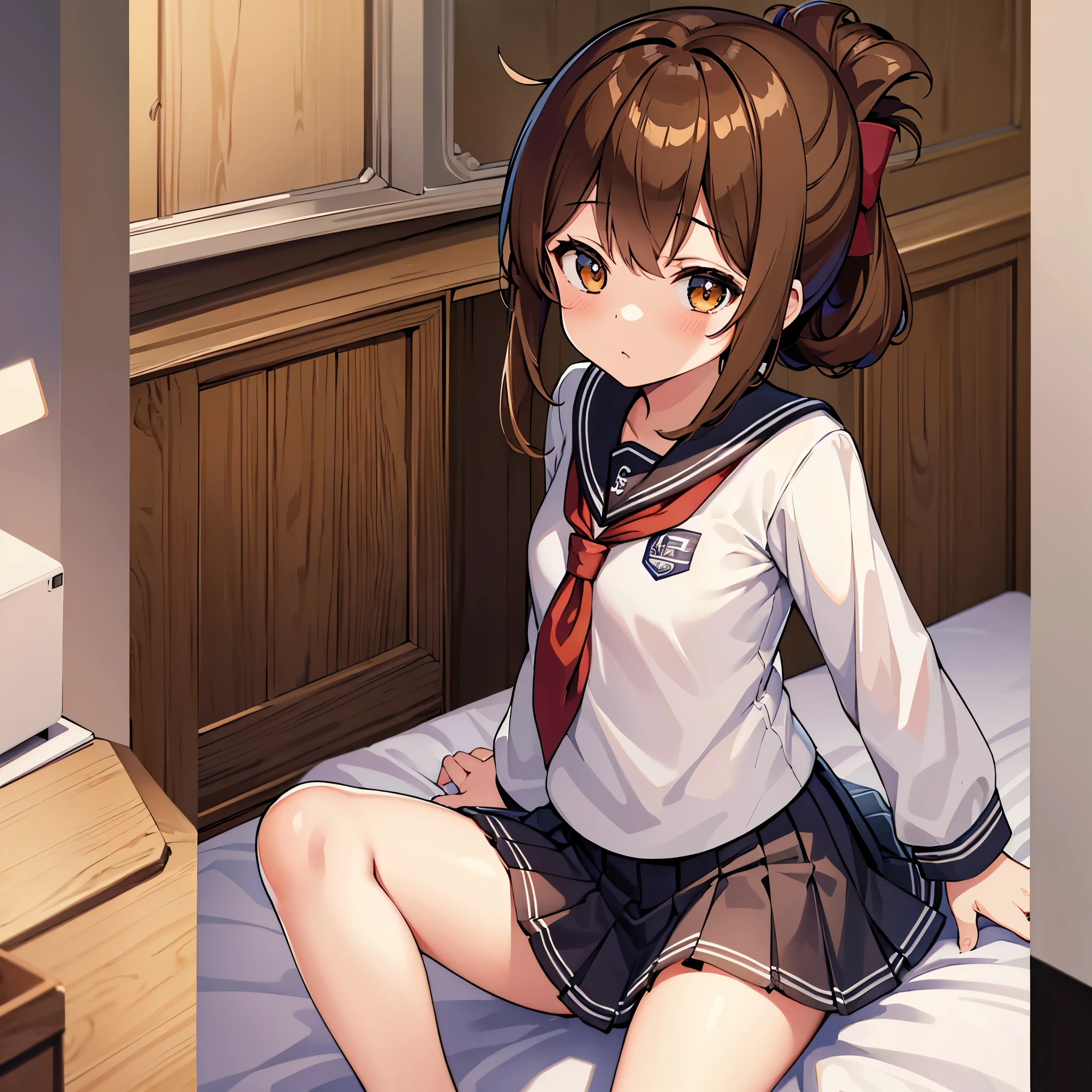 (masterpiece, highest quality:1.2),figure,8K,HD,1 girl,alone,Brown_hair,folded_ponytail,Brown_eye,serafuku,length_hair,School_uniform,skirt,pleats_skirt,An unwell junior high school girl wearing a miniskirt sailor suit lying on a bed in the infirmary