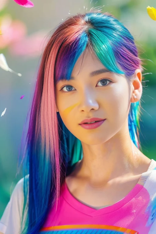 White background、(Pink fashion T-shirt:1.9)、(colourful hair:1.8)、(all the colours of the rainbow:1.8)、((((Vertical Painting:1.6)))、(painterly:1.6)、frontage、comic strip、illustratio、painterly、big eye、Sheer eyes、(Iridescent gradient high ponytail:1.7)、Exquisite makeup、(Small fresh:1.5)、(Wipe Chest:1.6)、long eyeslashes、White off-the-shoulder T-shirt、White shoulder shirt、large watery eyes、(rainbow-colored hair:1.6)、color splashes, (独奏:1.8), color splashes, Color explosion, Thick paint style, ((SHINES)), colourfull, (Splash) (color splashes), Vertical Painting, The upper part of the body, paint splashes, Acrylic Pigment, gradients, paint, (elegent: 1.2), Gorgeous,length hair, the wind, (elegent: 1.3), (flower petals:1.4)、(((masterpiece)))、(((top-quality)))、((ultra-detailliert))、(illustratio)、(dynamic ungle)、((Planktonic))、(paint)、((dishevled hair))、(独奏)、(1girl in)、((beautifull detailed face))、bare shoulders、((colourful hair))、(((striated hair))、beatiful detailed eyes、(Gradient color eyes)、(((Colorful eyes))))、((((a high chroma))))、(((Surrounded by colorful splashes)))、Beautie、cute little、独奏、A Japanese Lady。 student、hi-school girl、a smile。Beautiful young woman model。bright expression、photorealisim、Extraordinary beautiful girl、beautiful expression、(pureerosface)、Glowing white shiny skin、Light Brown Straight Hair、finer hair、Attractive beautiful brown eyes、Double eyelids、、fashionGirl。Wears a white shirt。Close-up portrait。Healthy face。Skin Care Cosmetics、profetional lighting。