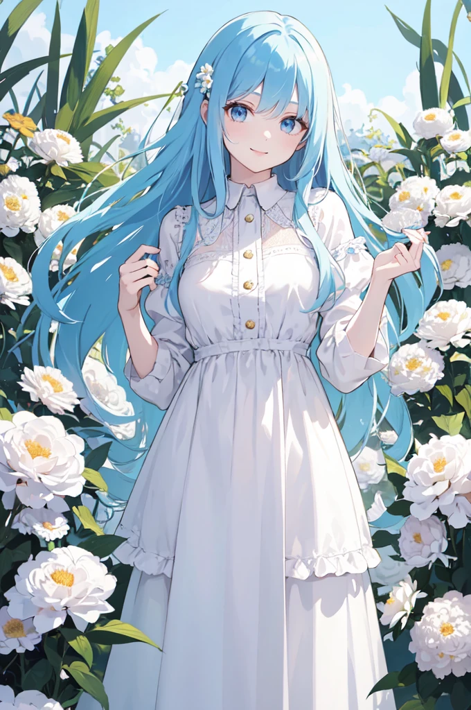 (masterpiece), (best quality), (ultra detailed),(dishevelled hair),(illustration), long hair (straight hair) very straight hair, standing, Fashion model (modern flower outfit), looking at viewer, (interview), (casual background),beautiful blue eyes, delicate beautiful face, ,(high saturation),(colorful splashes),(shining), blue hair (shining), bangs, best lighting, best shadow. smiling. medium breast. neat hairstyle down. extroverted personality