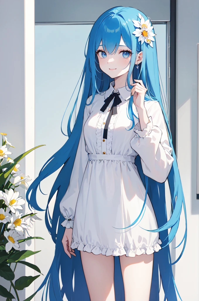 (masterpiece), (best quality), (ultra detailed),(dishevelled hair),(illustration), long hair (straight hair) very straight hair, standing, Fashion model (modern flower outfit), looking at viewer, (interview), (casual background),beautiful blue eyes, delicate beautiful face, ,(high saturation),(colorful splashes),(shining), blue hair (shining), bangs, best lighting, best shadow. smiling. medium breast. neat hairstyle down. extroverted personality