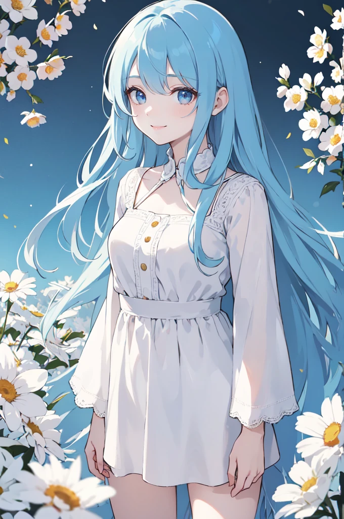 (masterpiece), (best quality), (ultra detailed),(dishevelled hair),(illustration), long hair (straight hair) very straight hair, standing, Fashion model (modern flower outfit), looking at viewer, (interview), (casual background),beautiful blue eyes, delicate beautiful face, ,(high saturation),(colorful splashes),(shining), blue hair (shining), bangs, best lighting, best shadow. smiling. medium breast. neat hairstyle down. extroverted personality