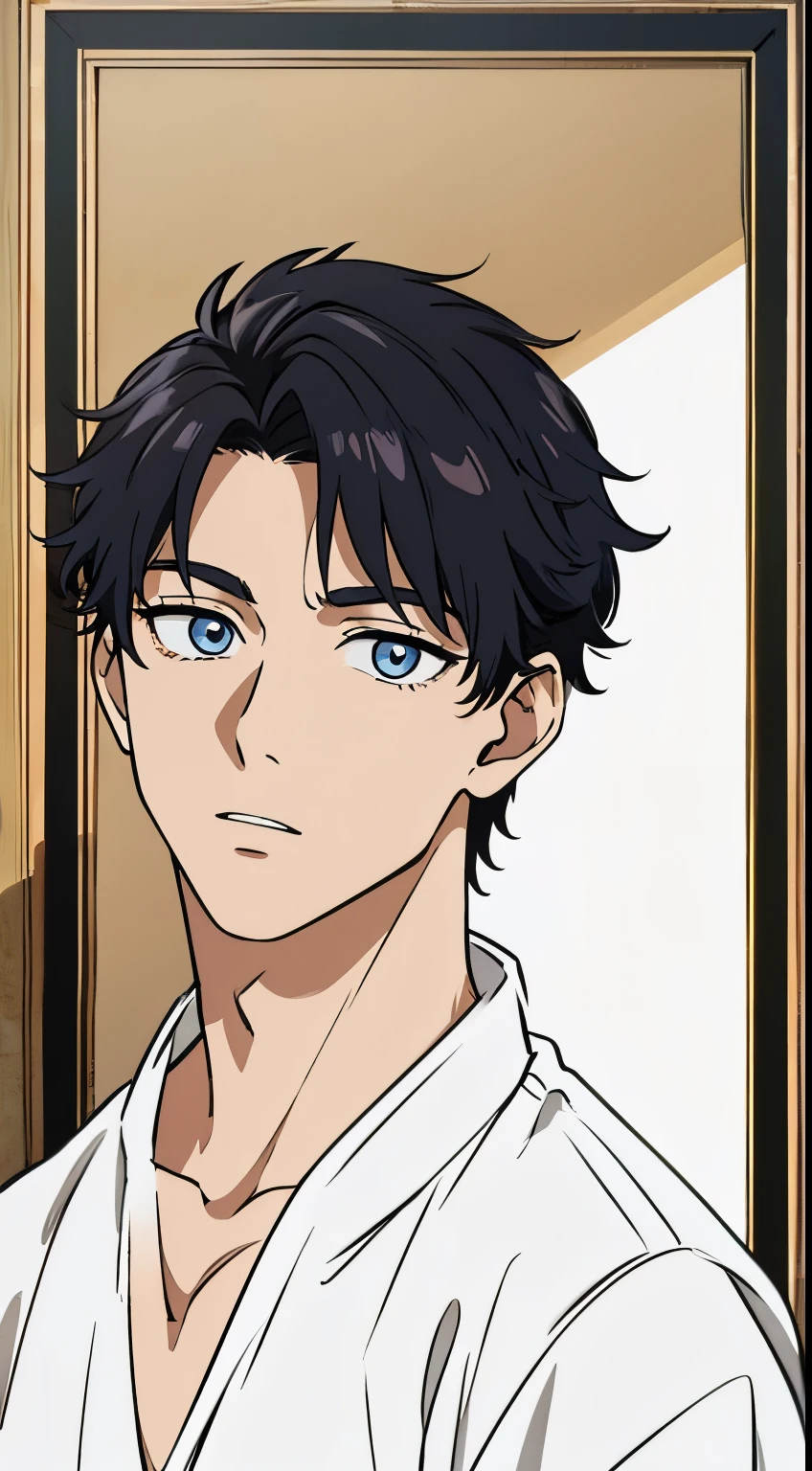 masterpiece, best quality, ultra high detailed,full-color, 1 boy, anime style, portrait shot of a handsome 20 year old male, in the room which is dark, evening, dark, the boy is very handsome, his face has perfect ratio, detailed face, very short hair, big beautiful yet masculine eyes, detailed eyes, the lines are very thin, High image quality. 4K, The ultra -The high-definition, the lines are ultra-thin, the lines are thin, stunning background