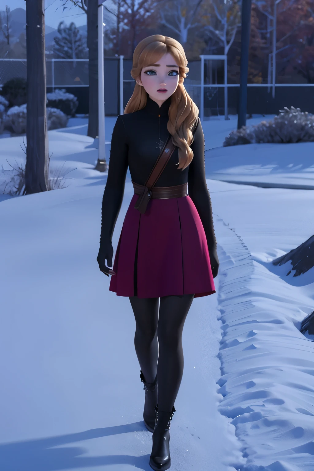 realistic, realism, photorealism, photo-realistic, high contrast, (photorealistic:1.4), 8k high definition detailed realistic, (best quality, masterpiece:1.2), NSFW,  photon mapping, radiosity, physically-based rendering, best quality, highly detailed,1girl, fanna, big eyes, outdoors, full body, dress, forest, snow, sweater, count, hot look, red dress , very long hair 