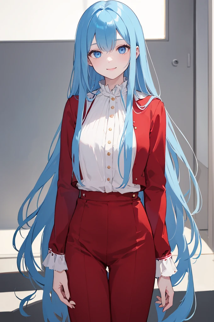 (masterpiece), (best quality), (ultra detailed),(dishevelled hair),(illustration), long hair (straight hair) very straight hair, standing, Fashion model (modern red outfit), looking at viewer, (interview), (casual background),beautiful blue eyes, delicate beautiful face, ,(high saturation),(colorful splashes),(shining), blue hair (shining), bangs, best lighting, best shadow. smiling. medium breast. neat hairstyle down. extroverted personality