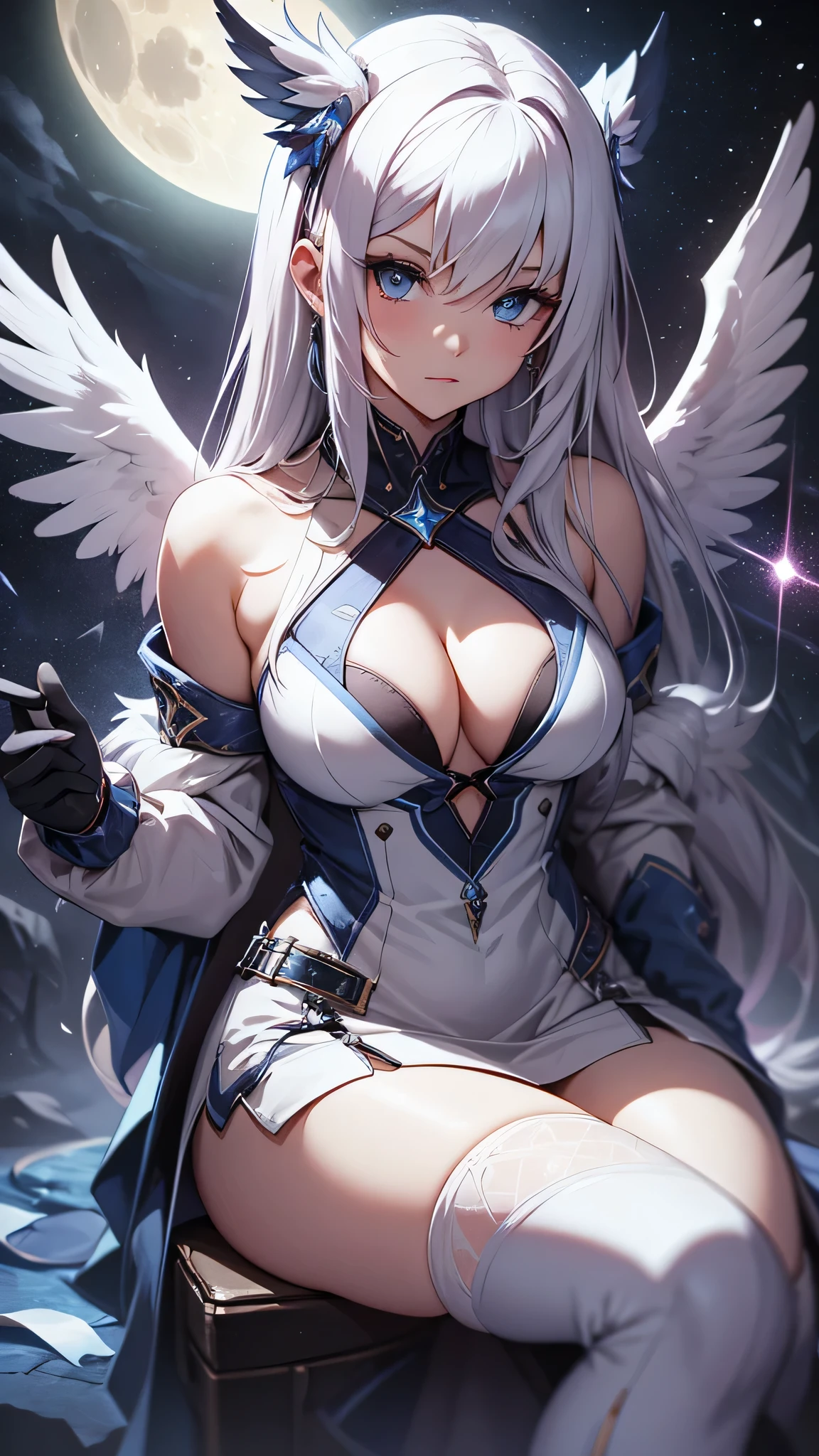 最high quality、best image quality、masterpiece、age girl((18-year-old、 By becoming、vest bust、medium bust,wide open breast tea、black eye, gray hair、long hair、thin,highest valley、Love of the Universe、Cosmic dress、sit、open your legs、Bad attitude、white pants)),high quality、beautiful art、background((glowing chair,Lunar surface、Mysterious space、dancing white wings、glowing laser))debris flies、Depth of written boundary、movie、visual art、perfect art、8K,genuine