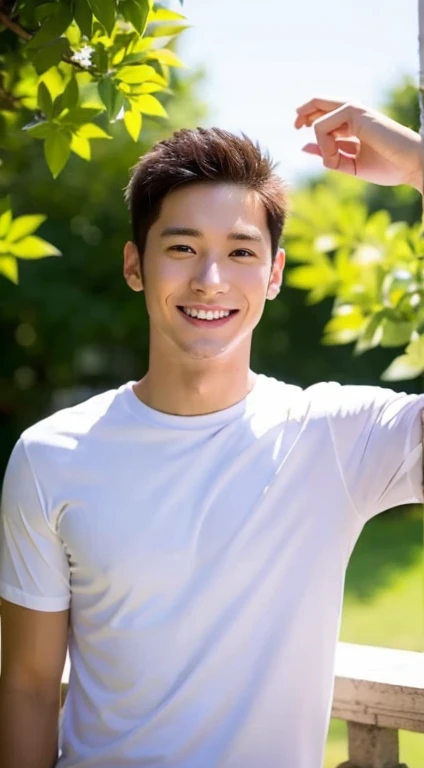 male, Around 25 years old, smile, sharp focus, whole body (1.5), summer, shirt, wonderful, relax,refreshing