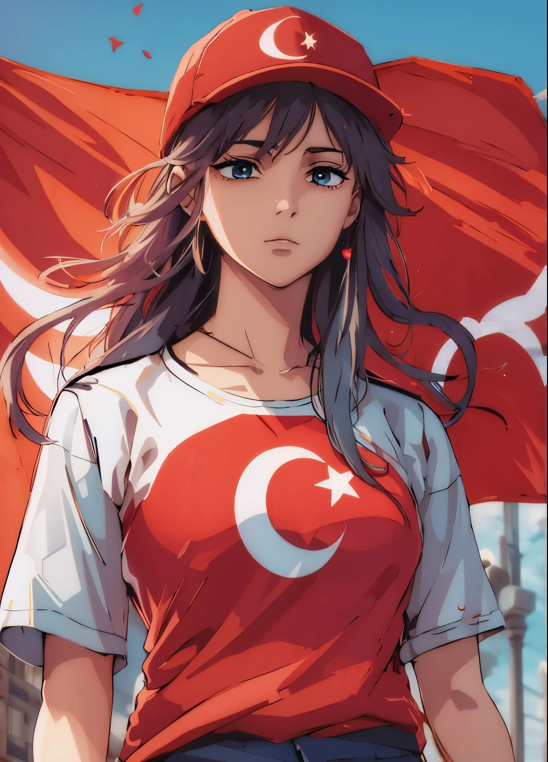 Anime girl wearing a Turkish flag t-shirt