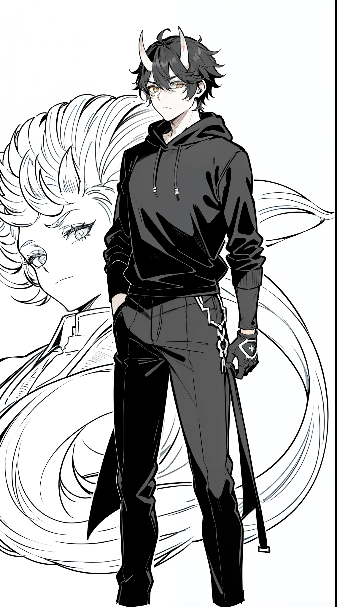 (1oni boy,20s,mature male),solo,black hair,oni horns,serious,((black sweatshirt,long sleeves,black pants,black gloves,hooded)),)cowboy shot,(white background,line drawing),standing,