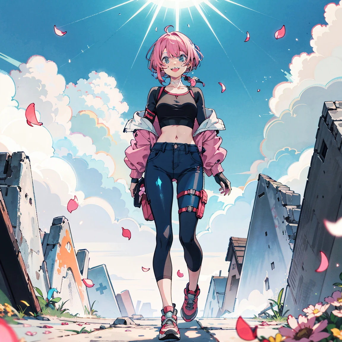 （fundo rosa da nuvem)，[[(fundo branco:3) ::5]]，（isometric：1.0），large blank area，（Rosto delicado e olhos bonitos），fundo simples， 1 s， Tiro no meio， (corpo todo)， As Nuvens，  heavens， light particles，,cabelo curto rosa，Near-future cyberpunk open jacket，olhos dourados，Standing Painting Style，garota baixa，Fofas，Abra a boca e sorria，dinamismo，hot pants，uma perna dobrada，pular para cima，Fluttering petals，Bolsa de ombro transversal，cap，Correias para as pernas，Pink stones on leg straps
