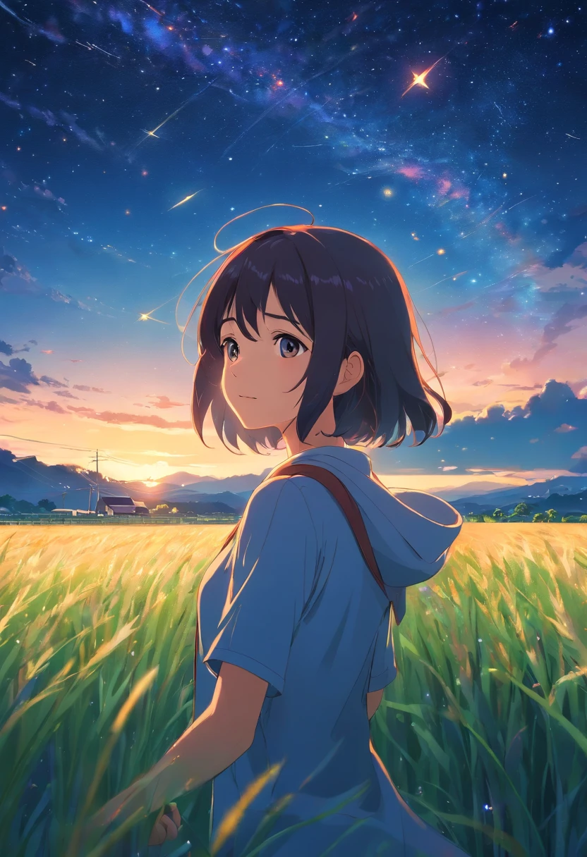 masterpiece、highest quality、movie stills、1 girl、starry skyの乙女、floating in the sky、Close-up、shine、happiness、Warm and soft lighting、dark night、Rice field road、starry sky(spark:0.7)、