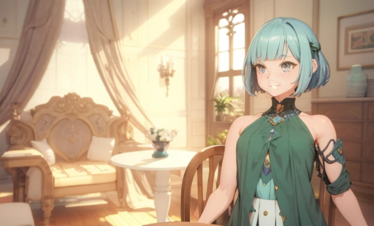 giving smile to the camera , sexy , anime - style image of a woman in a green dress standing in a room, beautiful screenshot, stylized anime, atelier, smooth anime cg art, anime styled 3d, close up character, render of a cute 3d anime girl, final fantasy 14 style, style game, fashion gameplay screenshot, anime stylized, main character short hair , laughter , short hair , beautiful bangs , Shining white skin, Flow of hair that extends to the face , bangs between eyeliner hair , High resolution , beauty eyes, Bright and clear, Big light blue eyes shine charmingly , green one piece , eyeliner,(Ultra Real), (figure), (High resolution), (In 8K), (very detailed), (Best figure), (Beautiful quality with attention to detail), (super detailed), (table top), (wallpaper), (detailed face), drooling eyes , upper body up, alone,