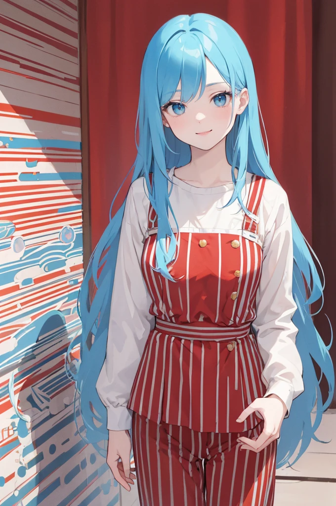 (masterpiece), (best quality), (ultra detailed),(dishevelled hair),(illustration), long hair (straight hair) very straight hair, standing, Fashion model (modern striped print red outfit), looking at viewer, (interview), (casual background),beautiful blue eyes, delicate beautiful face, ,(high saturation),(colorful splashes),(shining), blue hair (shining), bangs, best lighting, best shadow. smiling. medium breast. neat hairstyle down. extroverted personality