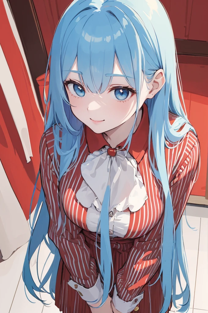 (masterpiece), (best quality), (ultra detailed),(dishevelled hair),(illustration), long hair (straight hair) very straight hair, standing, Fashion model (modern striped print red outfit), looking at viewer, (interview), (casual background),beautiful blue eyes, delicate beautiful face, ,(high saturation),(colorful splashes),(shining), blue hair (shining), bangs, best lighting, best shadow. smiling. medium breast. neat hairstyle down. extroverted personality