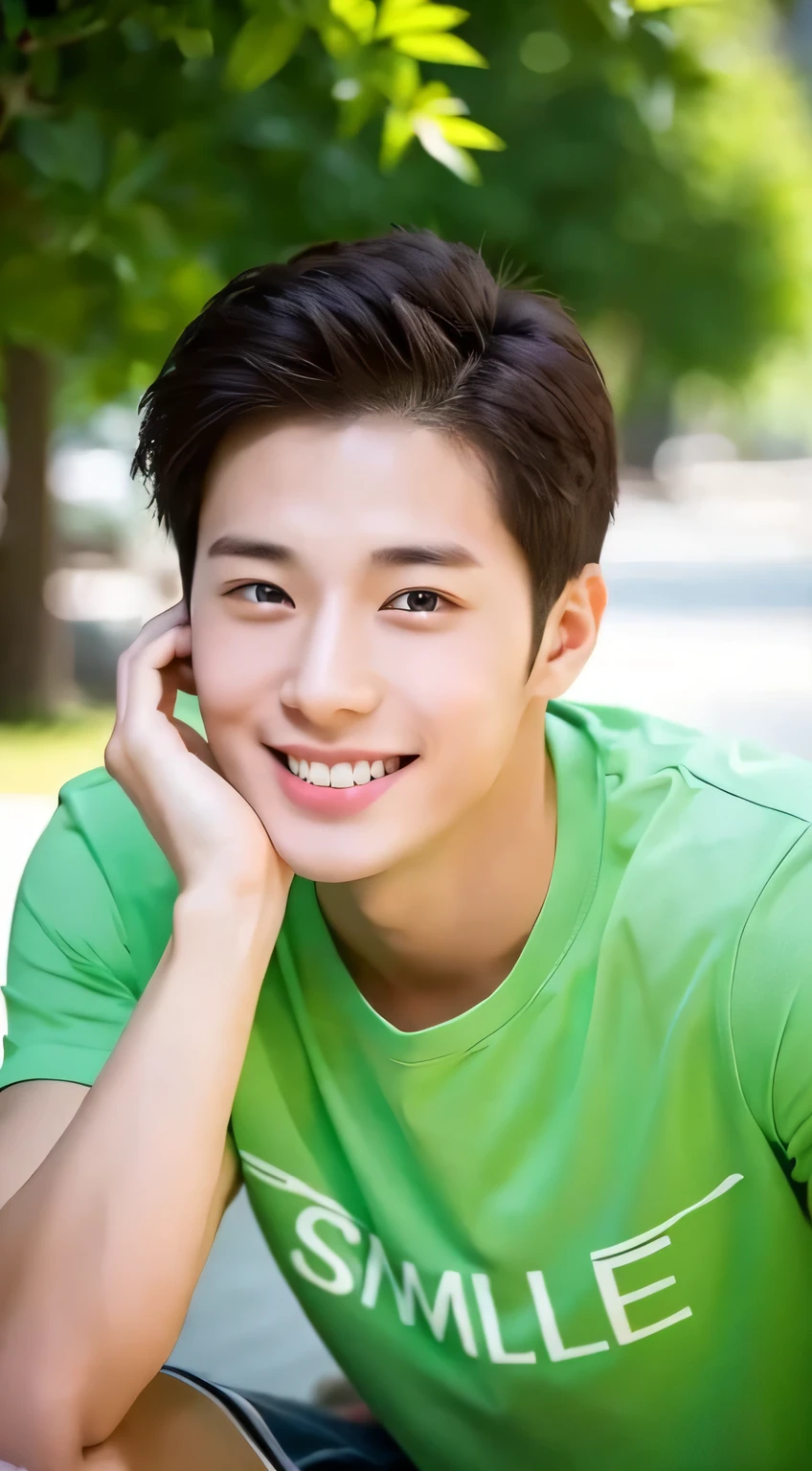 male, Around 25 years old, smile, sharp focus, whole body (1.5), summer, shirt, wonderful, relax,fresh