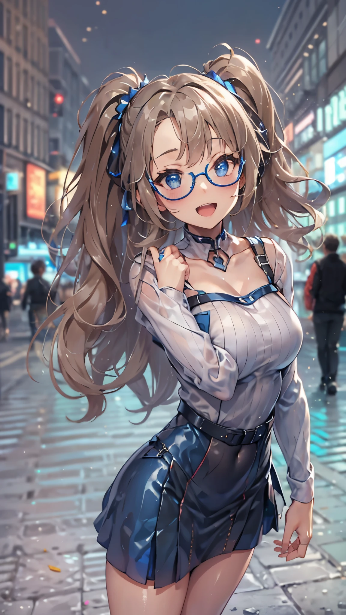 woman,14 years old,,city,night,(((white and blue tight miniskirt bodysuit))),,open mouth smile((See-through))glasses,((beautiful long ponytail)),((Baby girl body shape))((blonde))