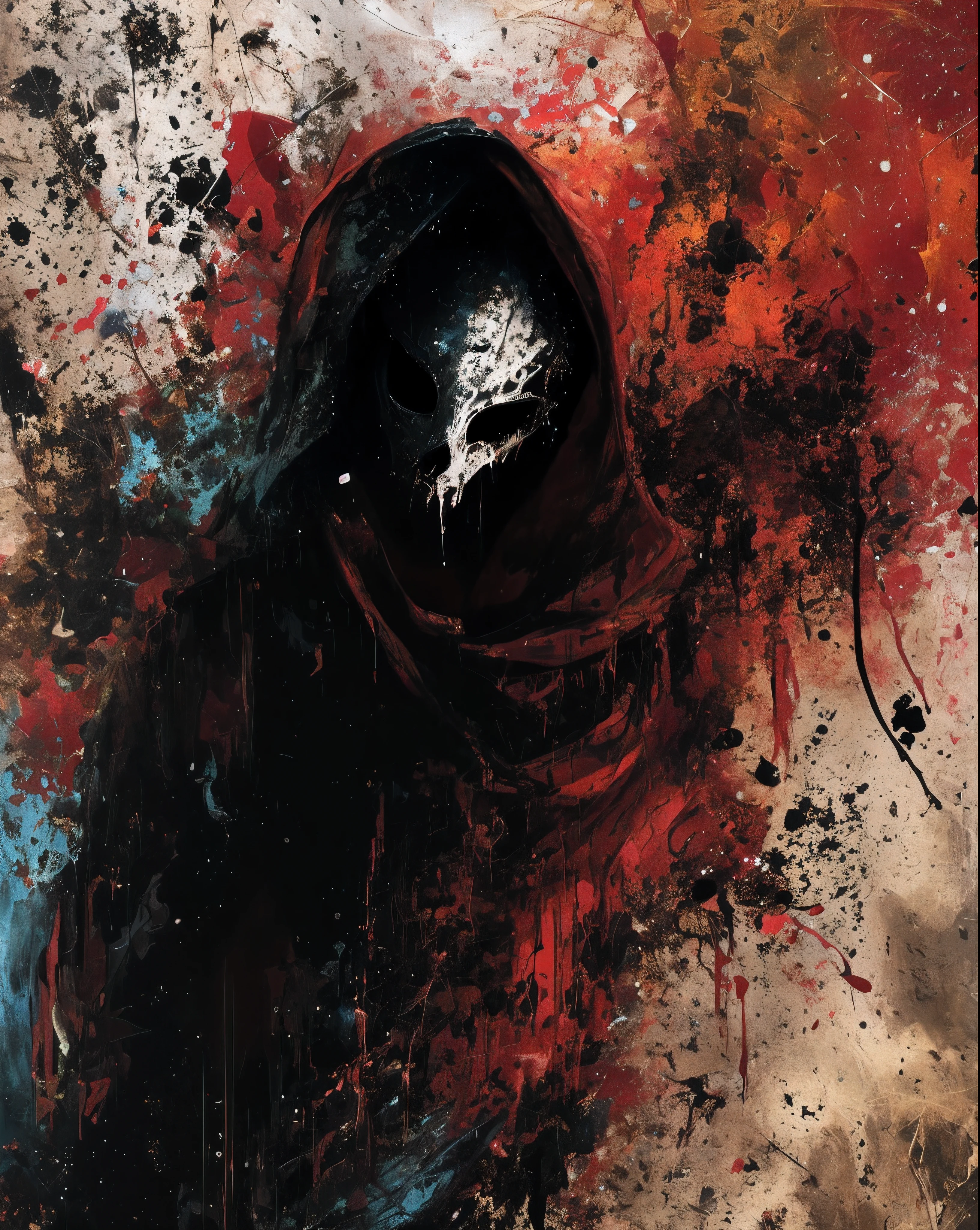 a close up of a person with a hood on a painting, abstract horror, just art for dark metal music, scary color art in 4 k, dark high-contrast concept art, dark hooded wraith, hooded figure surreal, detailed 4k horror artwork, 8k hd wallpaper digital art, an expressive digital painting, 4k hd artwork, hooded figure