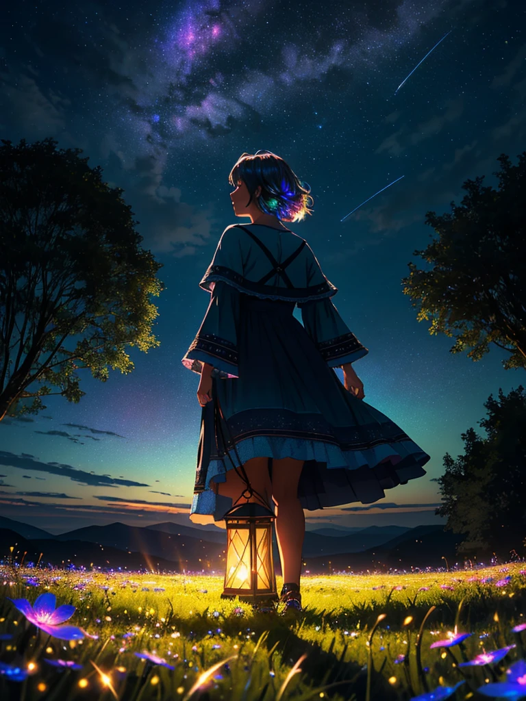 summer night, magical night, landscape photograph, from below, sky above and open field, (solo:1.2), a girl's side face, standing on grass field, looking up, full moon, shooting stars, nebula, a few cloud, mountain lines, trees, 
masterpiece, best quality, 4k, ultra-detailed, studio quality, warm summer night, fireflies, holding a lantern, intricate details, blue grass field and river, volumetric lighting,
(dynamic composition:1.3), highly detailed, colorful details, (iridescent colors:1.2), (glowing lighting, atmospheric lighting), pray