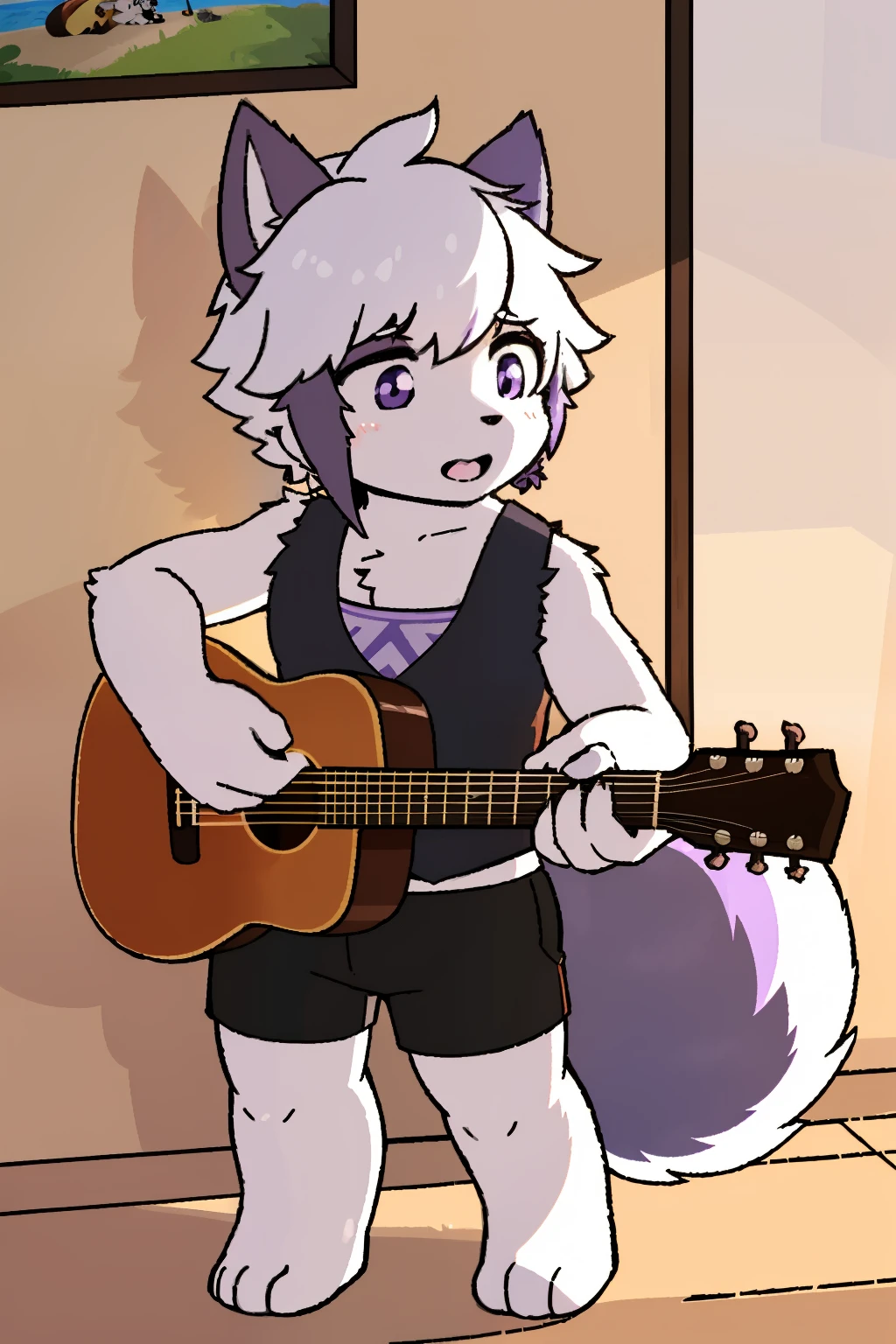 the only person，hairy male，hairy body，exhibit，Coyotes，canine，black fur，short white hair，The ends of the hair are purple，purple eyes，being bullied，charming，Handsome，big tail，Full body female love，Play the guitar，Summer vest，Summer shorts，straw hat，fresh，Sunlight，Energetic，toddler，horny boy