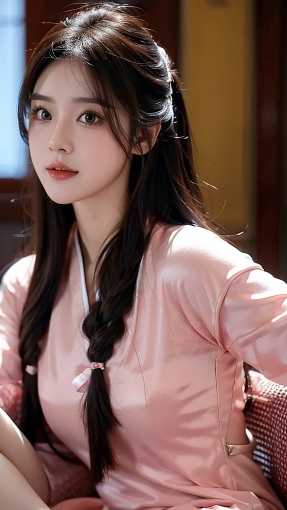 masterpiece，best picture quality，Mature，JK，Colored eyelashes，Long hair with a shawl，yandere，long pink hair，Realistic portrait，Light leakage effect，(Cheongsam1.4)，short skirt，(simple interior background 1.4)