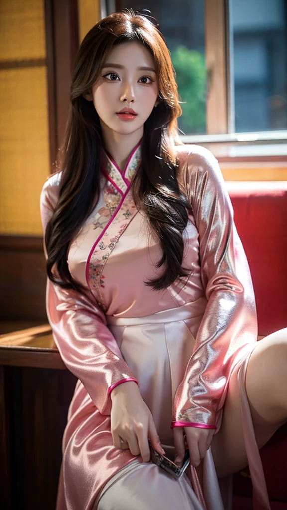 masterpiece，best picture quality，Mature，JK，Colored eyelashes，Long hair with a shawl，yandere，long pink hair，Realistic portrait，Light leakage effect，(Cheongsam1.4)，short skirt，(simple interior background 1.4)