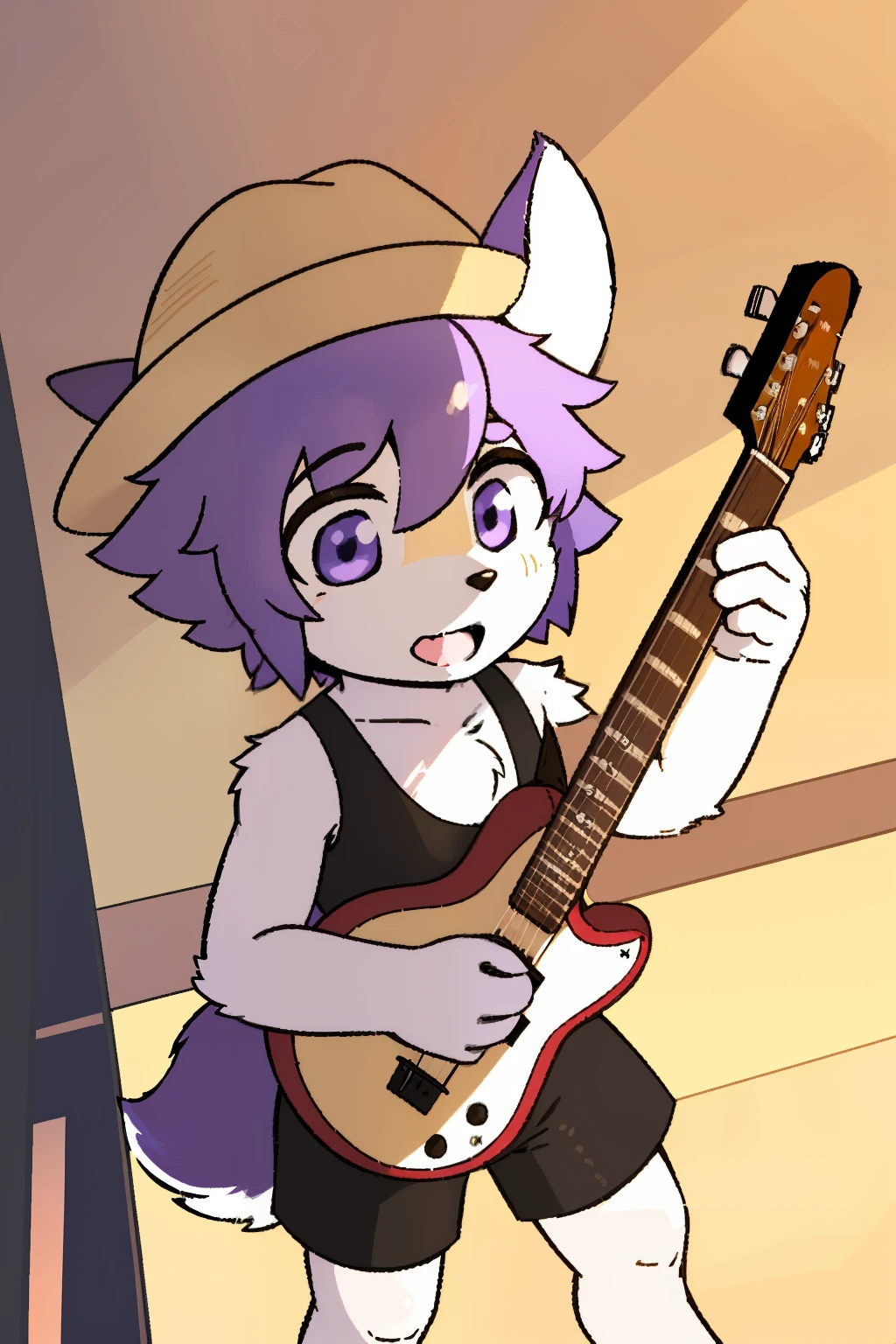 the only person，hairy male，hairy body，exhibit，Coyotes，canine，black fur，short white hair，The ends of the hair are purple，purple eyes，being bullied，charming，Handsome，big tail，Full body female love，Play the guitar，Summer vest，Summer shorts，straw hat，fresh，Sunlight，Energetic，toddler，horny boy