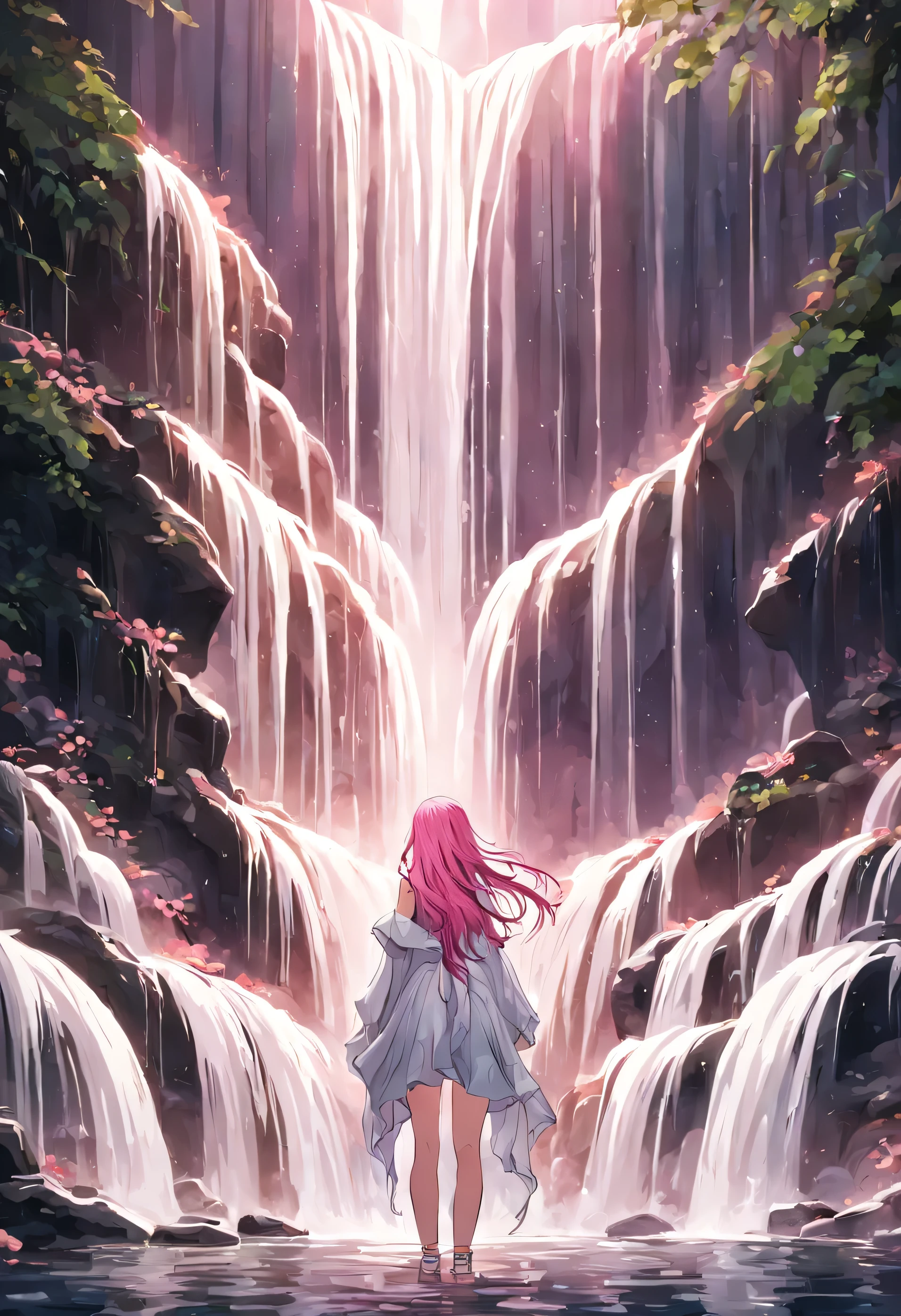 A girl with pink hair stands at a waterfall. She can control the element of water.