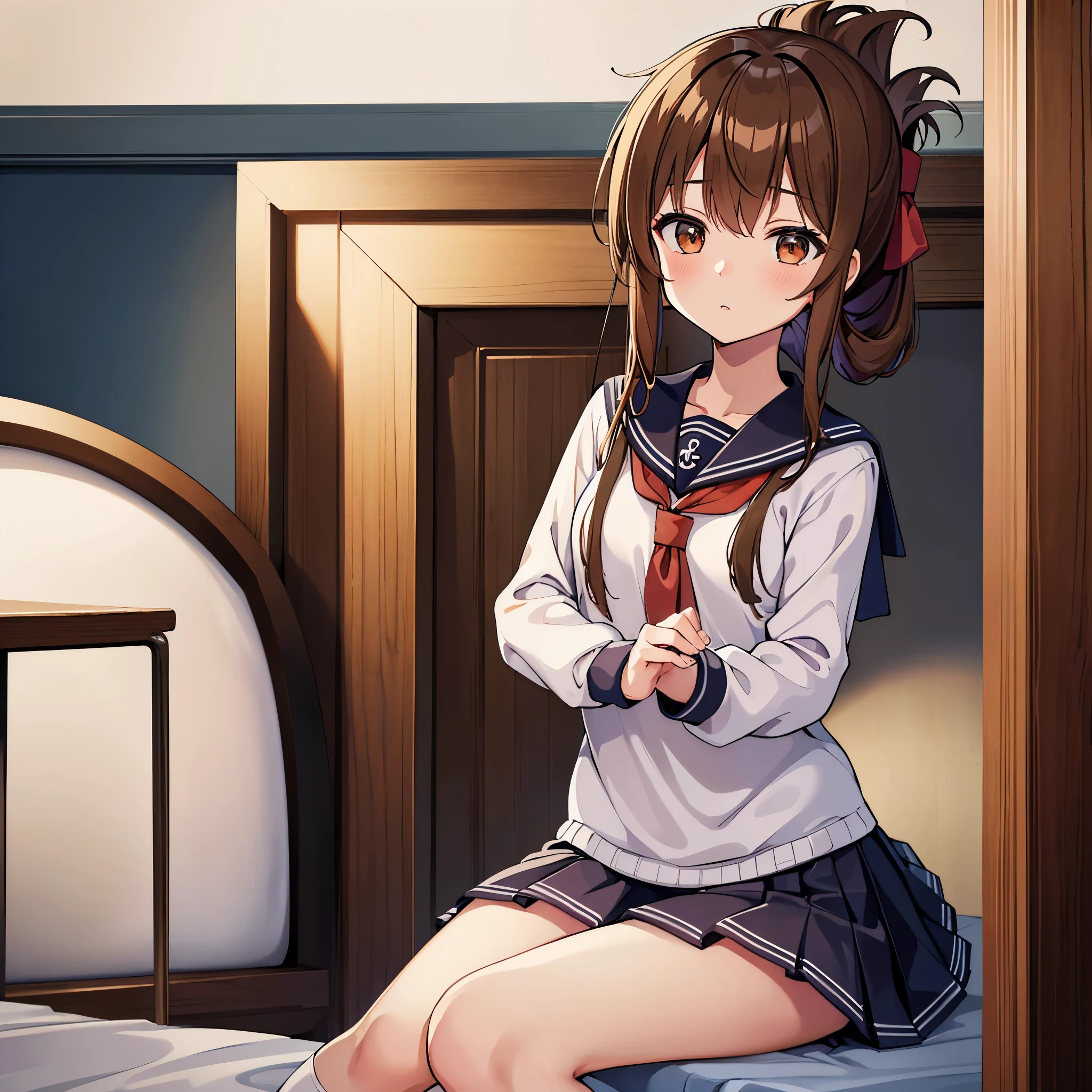 (masterpiece, highest quality:1.2),figure,8K,HD,1 girl,alone,Brown_hair,folded_ponytail,Brown_eye,serafuku,length_hair,School_uniform,skirt,pleats_skirt,An unwell high school girl wearing a miniskirt sailor suit sleeping on a bed in the infirmary