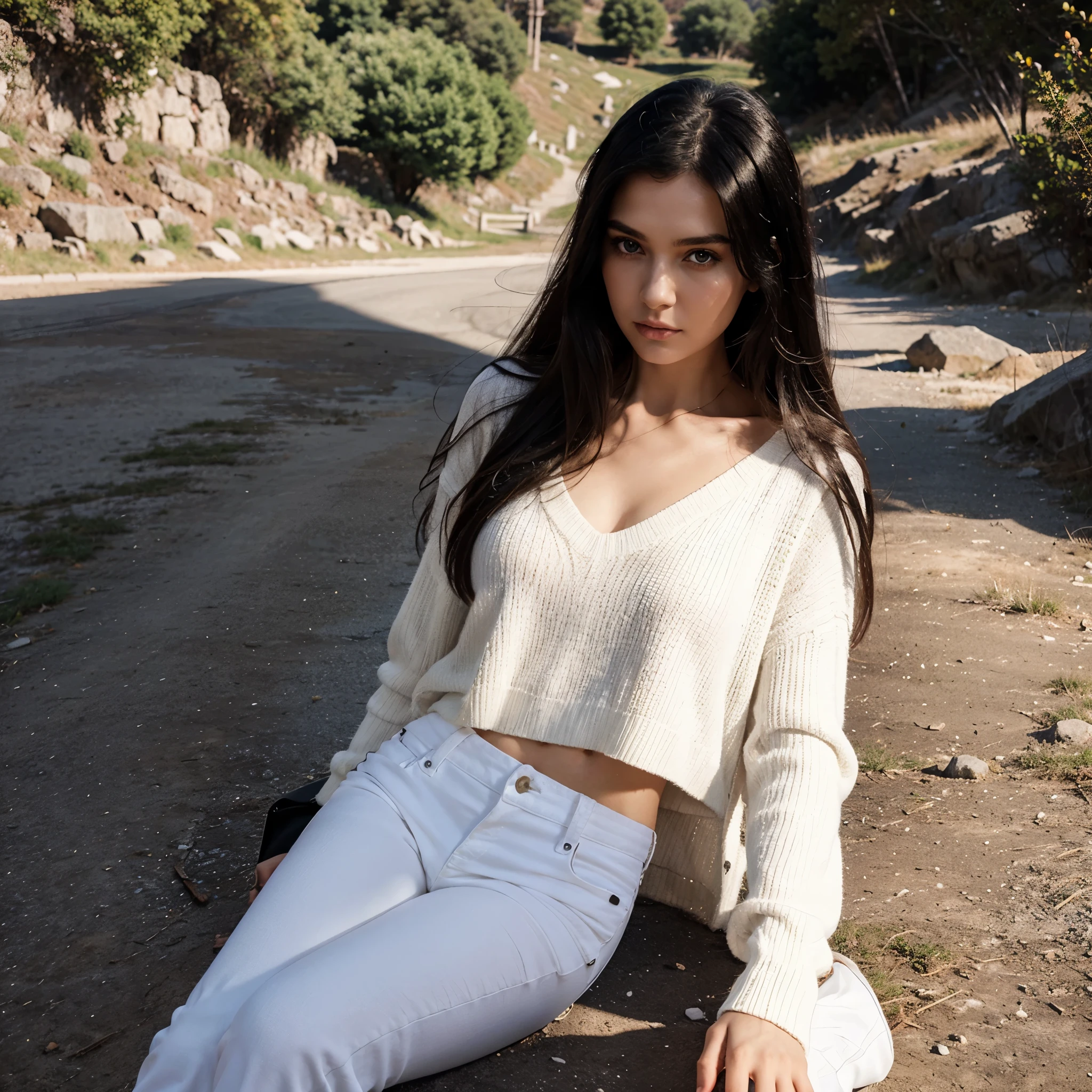 instagram photo, 21yo russian woman, long hair, black hair, portrait, white sweater, black jeans , medium dress, pale, hard shadows, vogue pose, vogue magazine, in mountains
