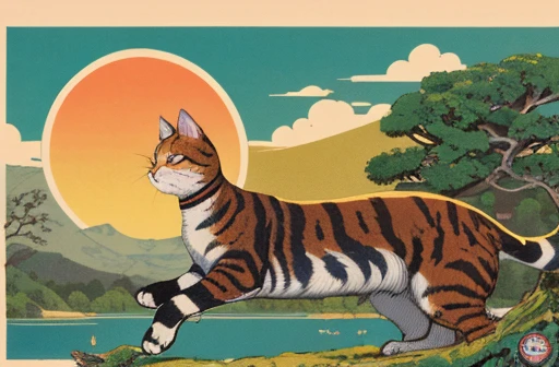 A lovely, detailed poster illustration of a white spotted orange cat that’s fully stretched out on a branch of an enormous Bonsai tree, fluffy clouds, tinged with orange, float across the darkening teal sky, while a big pink circle of sun, continues to set, the magic of golden hour light, like the impossible backdrop of a vintage Japanese advertising poster, selling a dream of cold beers in an obscure Bar and Cafe somewhere. The orange cat has woken up, horseman pass by. Worn ink textures, grainy ink roller textures, fine art print, masterpiece of an illustration, a lovely printed piece, reminiscent of the styles of Rene Gruau and Maxfield Parrish, GBH,