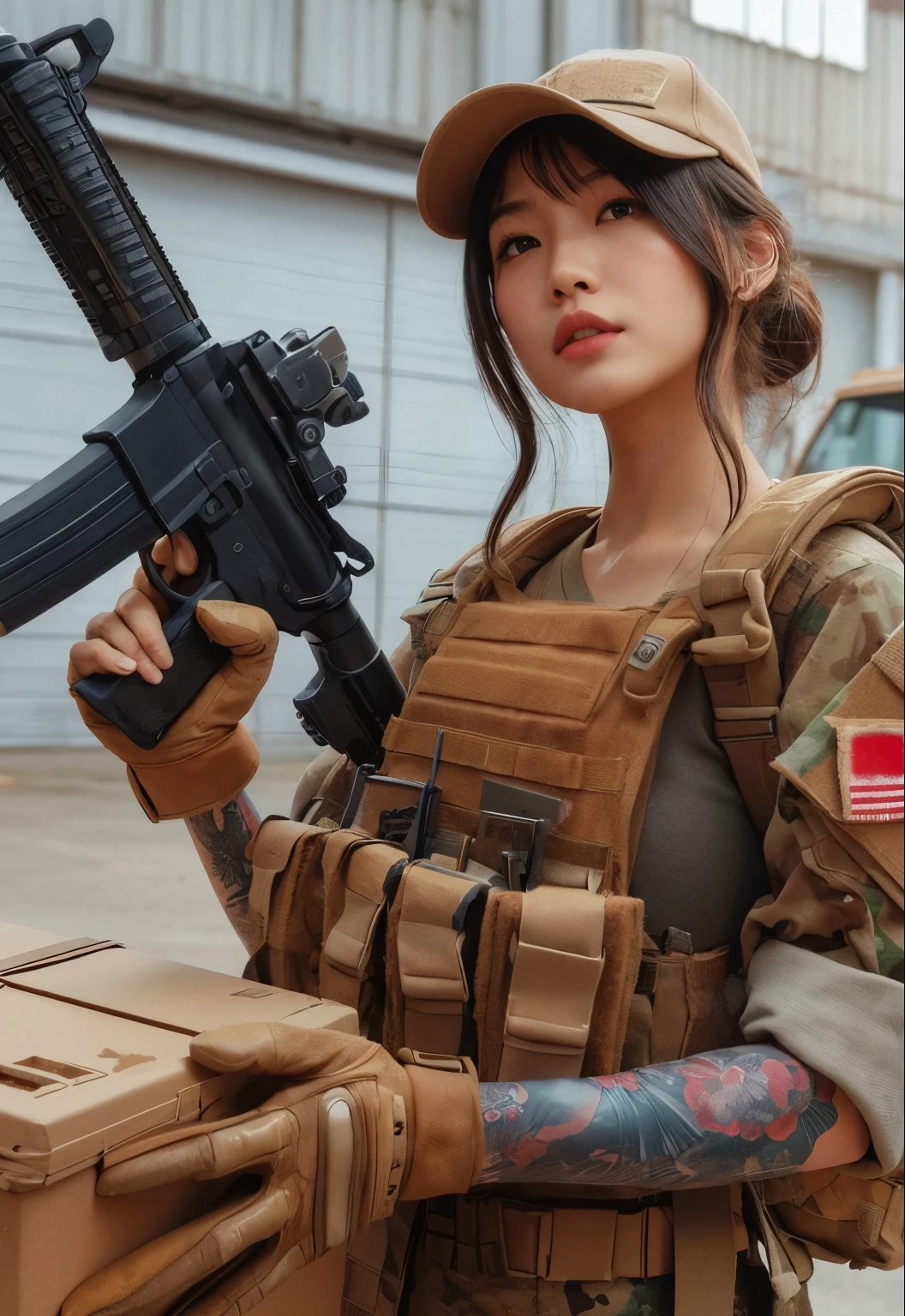 photorealistic、Realistic skin textures、アメリカ軍所属の美しいjapanese womanが立っている、automatic rifle、Boxes in military warehouse、automatic rifle、Firearms etc. are lined up、Military Box、bulletproof vest、Afghan Stole、baseball cap、Backpack、Heavy equipment、tattoo、boots、Looking straight ahead with a grim expression、、Action poses with movement、japanese woman