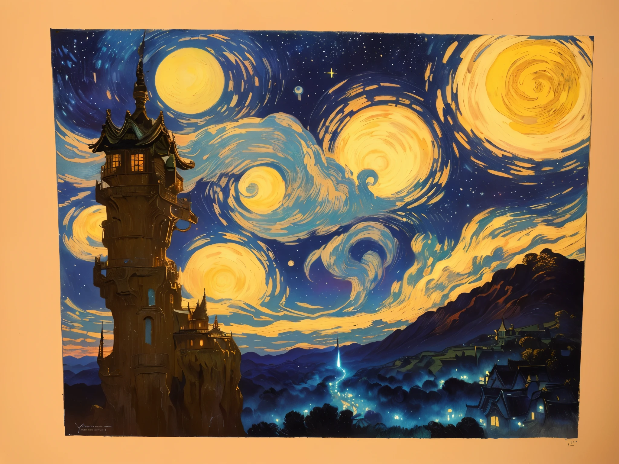 ((best quality)), ((masterpiece)), (detailed), ethereal beauty cloud, (fantasy illustration:1.3), otherworldly charm, mystical sky, (Luis Royo:1.2), (Yoshitaka Amano:1.1), moonlit night, soft colors, (detailed cloudscape:1.3), (high-resolution:1.2) Starry night by Vincent van Gogh