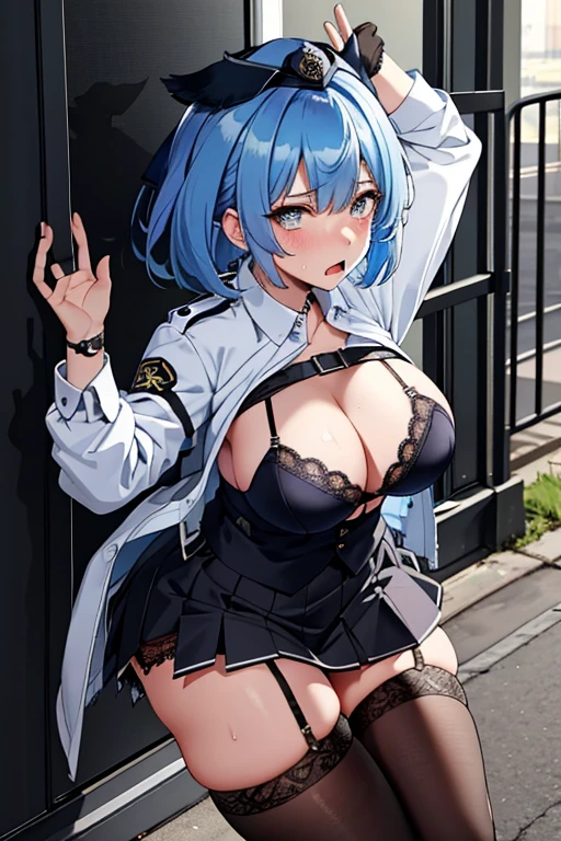 blue hair,big breasts,police officer in handcuffs,open shirt,bra,Torn skirt,garter belt, black stockings,stick out one's butt,cage,A painful look,blush,open your mouth wide,Drool,sweaty,lift the girl's arms from above