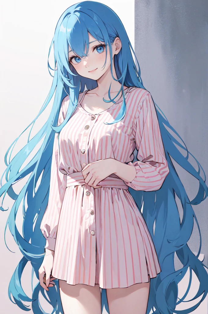 (masterpiece), (best quality), (ultra detailed),(dishevelled hair),(illustration), long hair (straight hair) very straight hair, standing, Fashion model (modern striped print pink outfit), looking at viewer, (interview), (casual background),beautiful blue eyes, delicate beautiful face, ,(high saturation),(colorful splashes),(shining), blue hair (shining), bangs, best lighting, best shadow. smiling. medium breast. neat hairstyle down. extroverted personality
