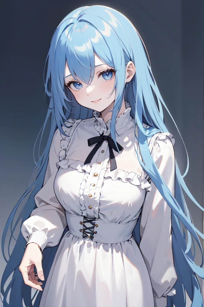 (masterpiece), (best quality), (ultra detailed),(dishevelled hair),(illustration), long hair (straight hair) very straight hair, standing, Fashion model (gothic outfit), looking at viewer, (interview), (casual background),beautiful blue eyes, delicate beautiful face, ,(high saturation),(colorful splashes),(shining),navy blue hair (shining), bangs, best lighting, best shadow. smiling. medium breast. neat hairstyle down. extroverted personality