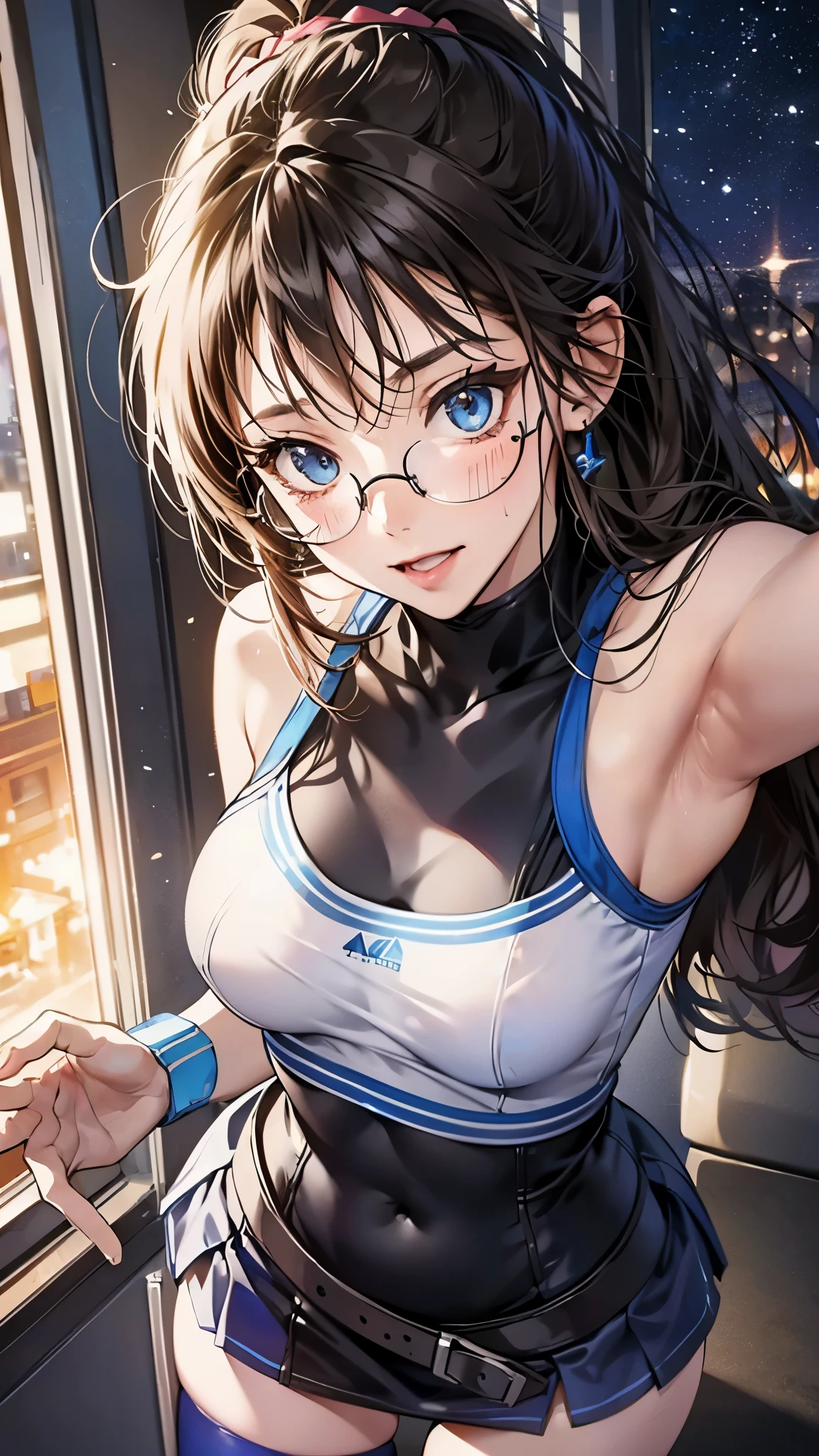 woman,14 years old,,city,night,(((white and blue tight miniskirt bodysuit))),,open mouth smile((See-through))(((glasses))),((beautiful long ponytail)),(()),blush、surprised face,((())),(())(((On the way to changing clothes)))(((While taking off my clothes)))
