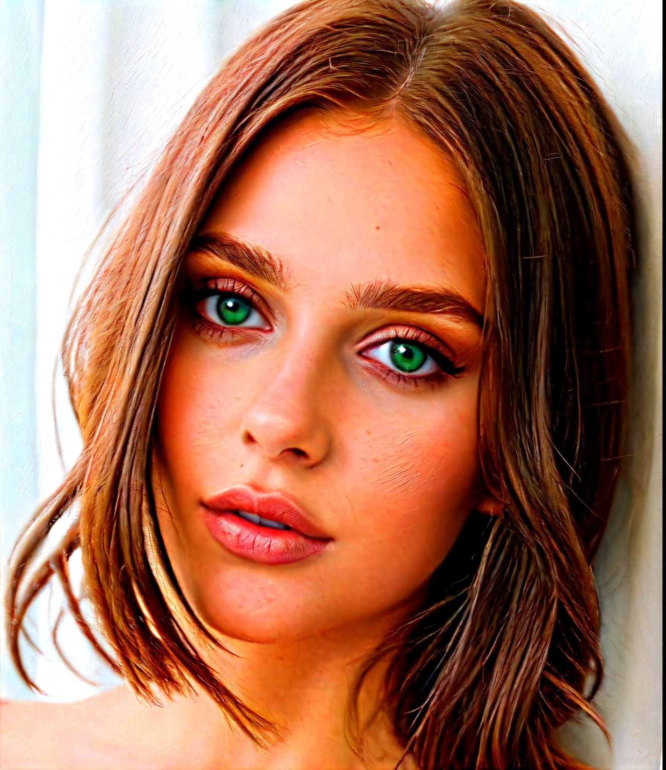 eine Nahaufnahme, Arafed woman wearing white black top, sexy girls, Portrait of Sophie Mudd, brown hair and big eyes, natural makeup, direkt in die Kamera schauen, Gesicht mit Artgram, Stunning full body close-up, piercing green eyes, Tief, Eng, big neckline with big breasts.