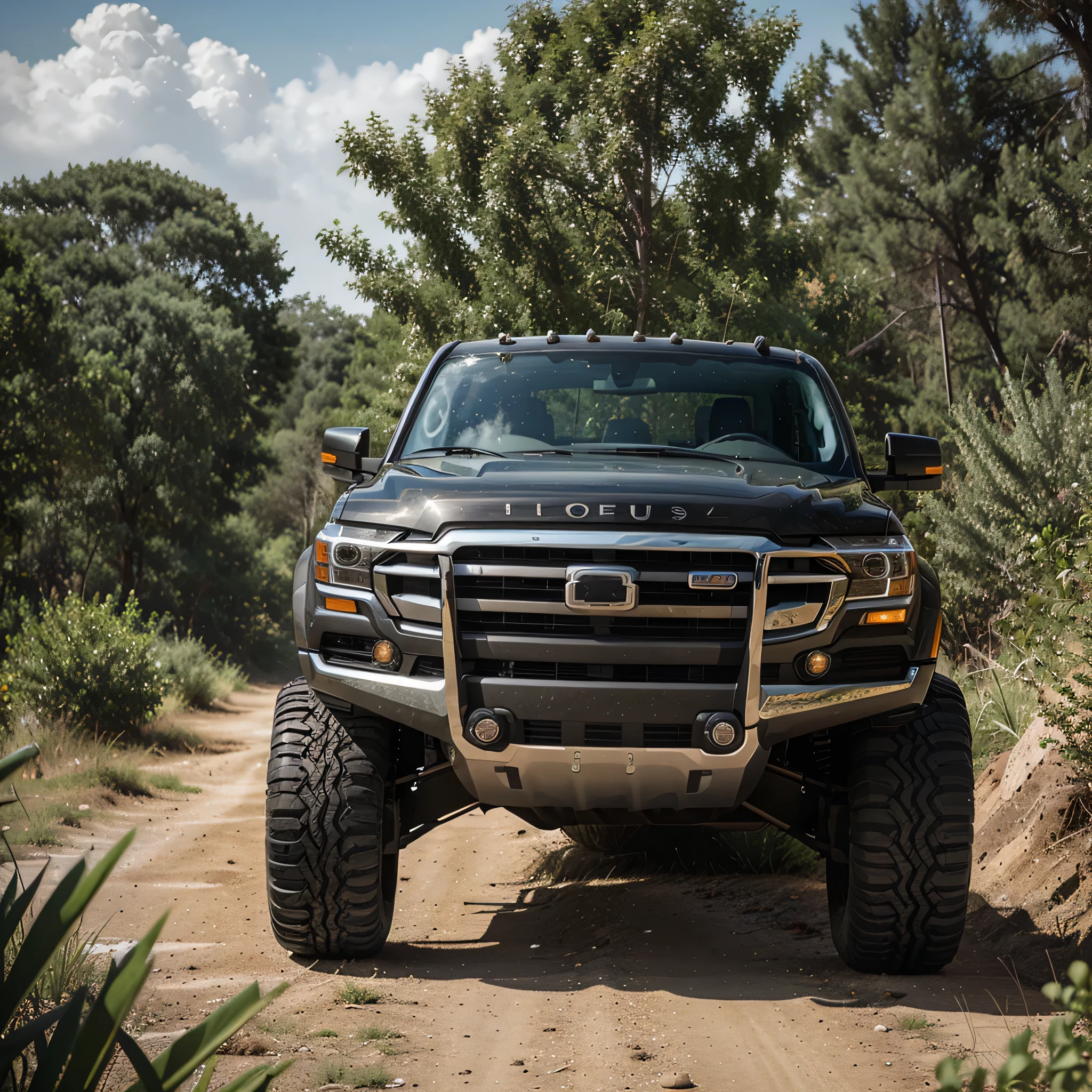 one off-road pickup truck with large wheels and visible engine, baya style