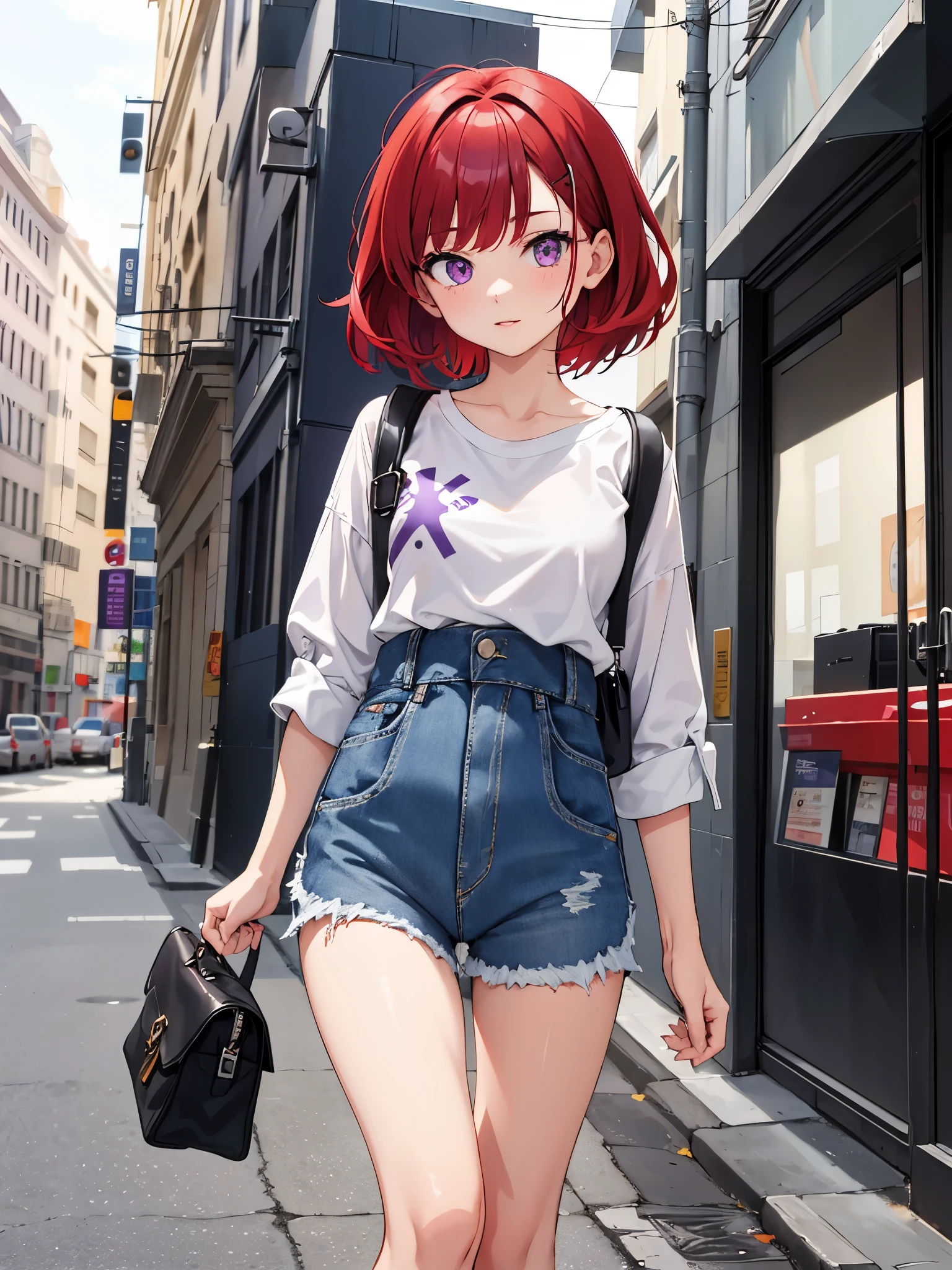 1girl, short red hair, Purple eyes with cross pattern, wearing plain white shirt, denim shorts, city, absurdres, highres, ultrasharp, 8K, masterpiece, looking at viewer