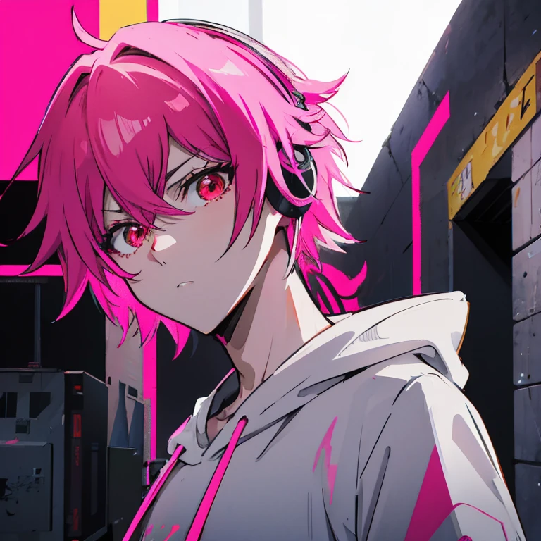 (shortcut), (two block hair), (bright pink hair), (red eyes), (Man standing in a recording studio wearing headphones), (oversized hoodie), (Street style), (neon), (neonデイライト), (cinematic), (stylish), (High resolution), (hyper-detailed), (Nightcore), (Low - Angle), (looking at the camera), (visualize), (top quality), (masterpiece), (Super detailed), (a handsome guy)