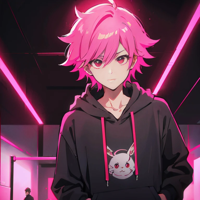 (shortcut), (two block hair), (bright pink hair), (red eyes), (Man standing in a recording studio wearing headphones), (oversized hoodie), (Street style), (neon), (neonデイライト), (cinematic), (stylish), (High resolution), (hyper-detailed), (Nightcore), (Low - Angle), (looking at the camera), (visualize), (top quality), (masterpiece), (Super detailed), (a handsome guy)