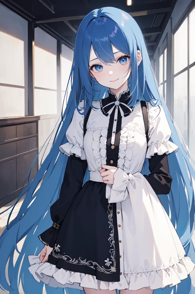 (masterpiece), (best quality), (ultra detailed),(dishevelled hair),(illustration), long hair (straight hair) very straight hair, standing, Fashion model (gothic dark school outfit, sexy(with square neckline)), looking at viewer, (interview), (casual school background),beautiful blue eyes, delicate beautiful face, ,(high saturation),(colorful splashes),(shining),navy blue hair (dark blue hair navy) (shining), bangs, best lighting, best shadow. smiling. medium breast. neat hairstyle down. shy personality