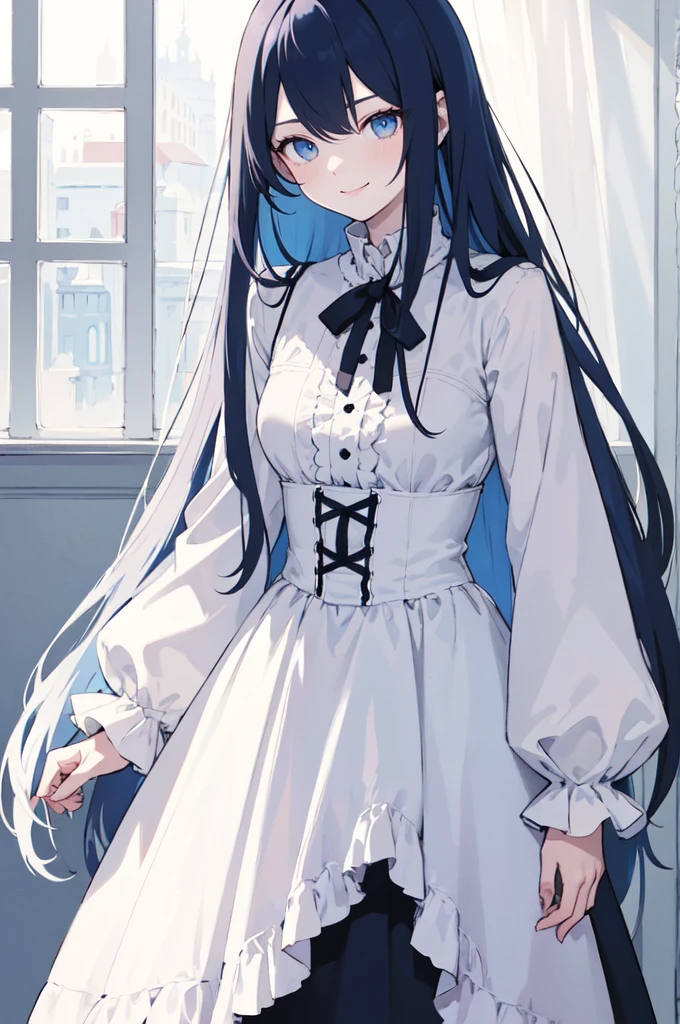 (masterpiece), (best quality), (ultra detailed),(dishevelled hair),(illustration), long hair (straight hair) very straight hair, standing, Fashion model (gothic outfit), looking at viewer, (interview), (casual background),beautiful blue eyes, delicate beautiful face, ,(high saturation),(colorful splashes),(shining),navy blue hair (shining), bangs, best lighting, best shadow. smiling. medium breast. neat hairstyle down. shy personality