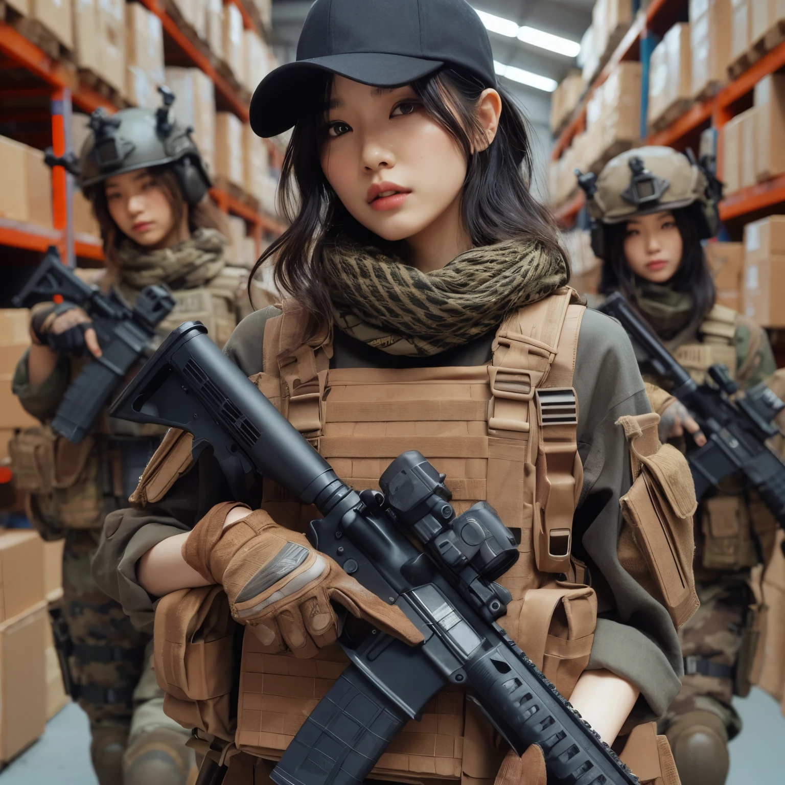 photorealistic、Realistic skin textures、アメリカ軍所属の美しいjapanese womanが立っている、automatic rifle、Boxes in military warehouse、automatic rifle、Firearms etc. are lined up、Military Box、bulletproof vest、Afghan Stole、baseball cap、Backpack、Heavy equipment、tattoo、boots、Looking straight ahead with a grim expression、、Action poses with movement、japanese woman