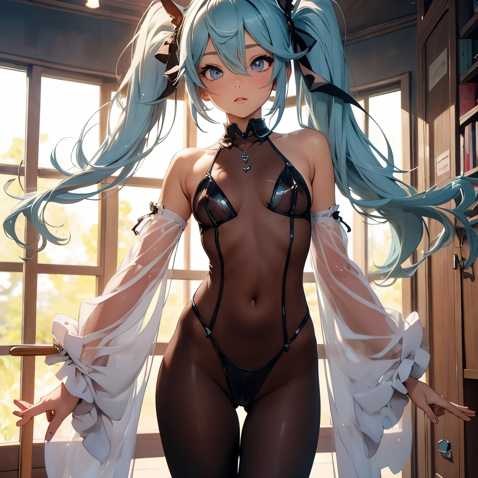 (quality)), ((masterpiece)), Recommended resultsluffly、(see through:1.5)、whole body 、Swollen nipples，straighten your back、huge bust、angle to floor:1.2、low camera angle、Hair loss on crotch、Whole body facing the camera，Hair can be seen on the crotch，Hatsune Miku, Super detailed,  facial close-up, Rabbit servants, hair accessories, split, Detached sleeves, Ribbon heart-shaped pupils