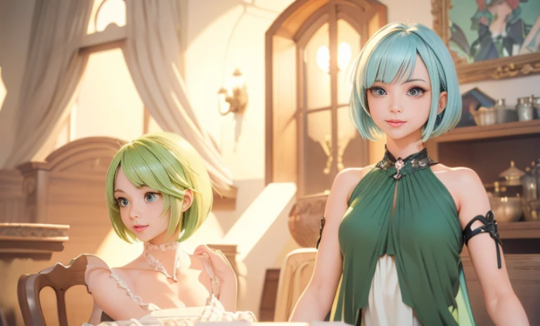 mature ,  40years old , giving smile to the camera , sexy , anime - style image of a mature in a green dress standing in a room, beautiful screenshot, stylized anime, atelier, smooth anime cg art, anime styled 3d, close up character, render of a cute 3d anime girl, final fantasy 14 style, style game, fashion gameplay screenshot, anime stylized, main character short hair , laughter , short hair , beautiful bangs , Shining white skin, Flow of hair that extends to the face , bangs between eyeliner hair , High resolution , beauty eyes, Bright and clear, Big light blue eyes shine charmingly , green one piece , eyeliner,(Ultra Real), (figure), (High resolution), (In 8K), (very detailed), (Best figure), (Beautiful quality with attention to detail), (super detailed), (table top), (wallpaper), (detailed face), drooling eyes , upper body up, alone,