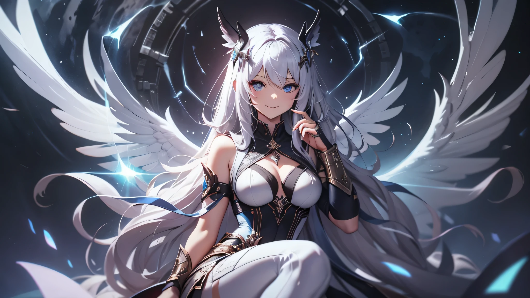 最high quality、best image quality、masterpiece、age girl((18-year-old、 By becoming、vest bust、medium bust,wide open breast tea、black eye, gray hair、long hair、thin,highest valley、Love of the Universe、Cosmic dress、sit、open your legs、Bad attitude、white pants、smile)),high quality、beautiful art、background((glowing chair,Lunar surface、Mysterious space、dancing white wings、glowing laser))debris flies、Depth of written boundary、movie、visual art、perfect art、8K,genuine