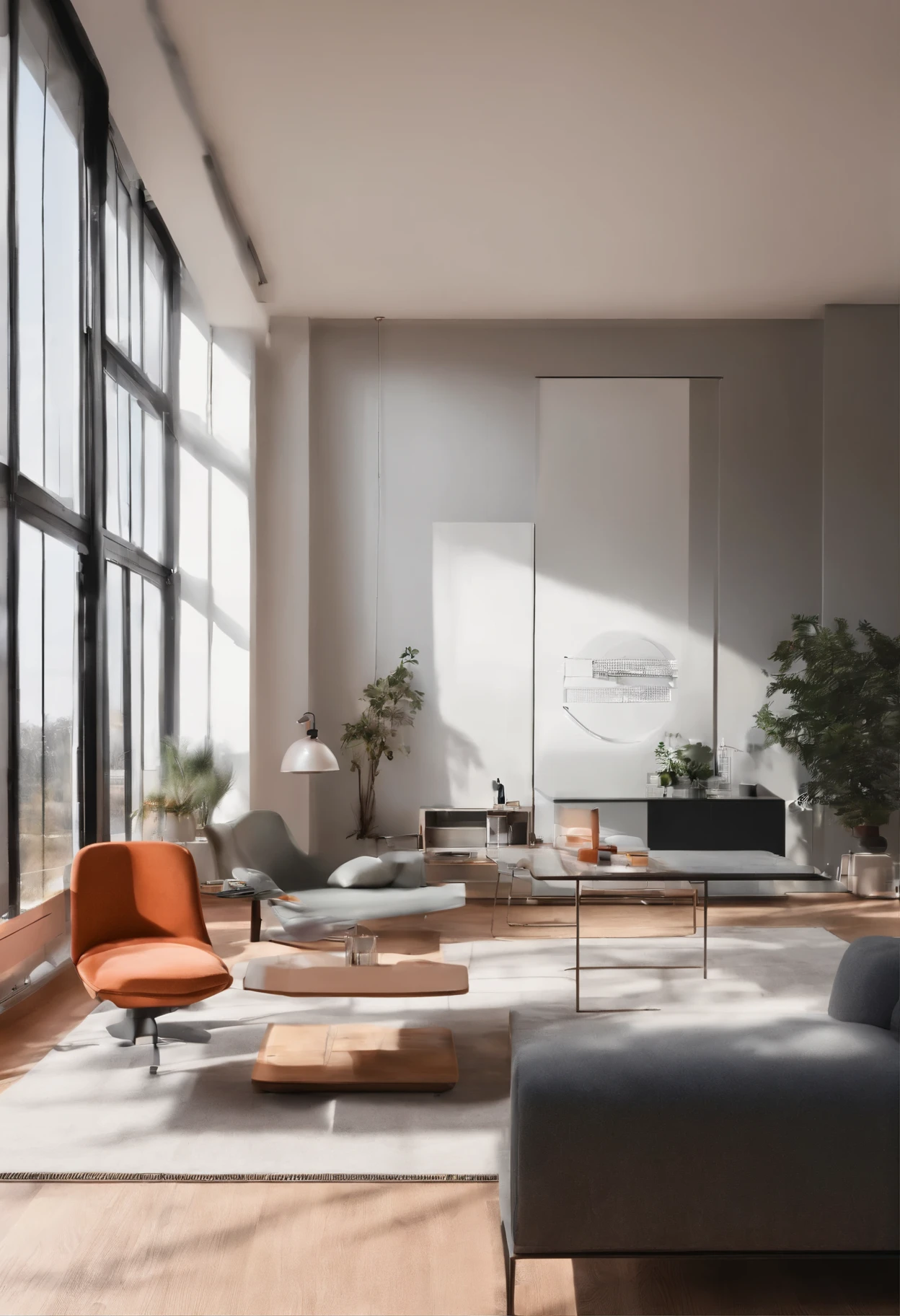 Bauhaus living room, Shot with a 50mm lens, depth of field, tilt blur,