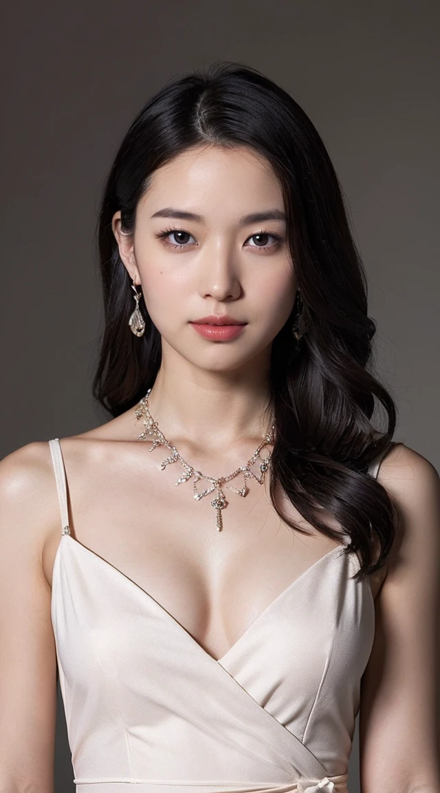 最high quality, masterpiece, High resolution, 1 girl,  silk china dress, beautiful face, hair ornaments, looking at the viewer, smile, closed mouth,lips, dress,hair ornaments, necklace, jewelry, long hair, earrings, beautiful face,On top of that_body, Tyndall effect,realistic, dark studio, rim lighting, two-tone lighting,(high definition skin:1.2), 8K uhd, Digital single-lens reflex camera, soft lighting, high quality, volume lighting, Frank, photograph, High resolution, 4K, 8K, Bokeh